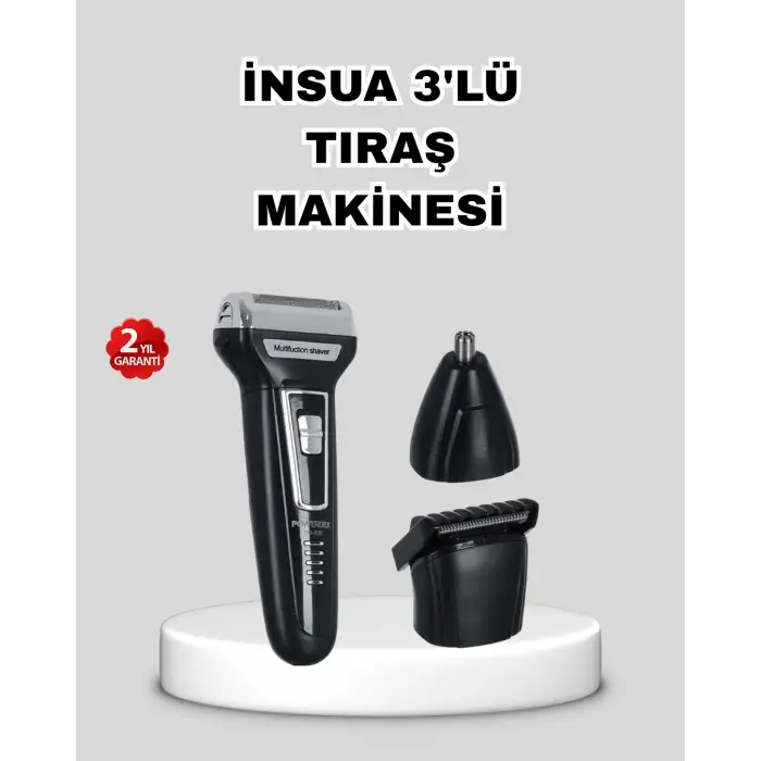 İnsua 3’lü Tıraş Makinesi – 3 Farklı Kesim Başlığı, Güçlü Motor, 60 Dakika Kullanım