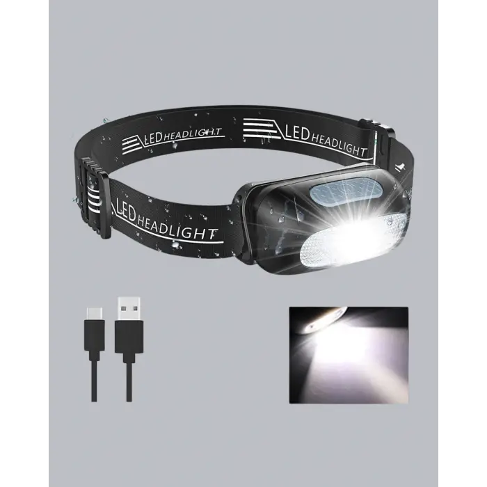 IPX5 Su Geçirmez Şarjlı LED Kafa Feneri | Hareket Sensörlü, Ayarlanabilir 60° Far