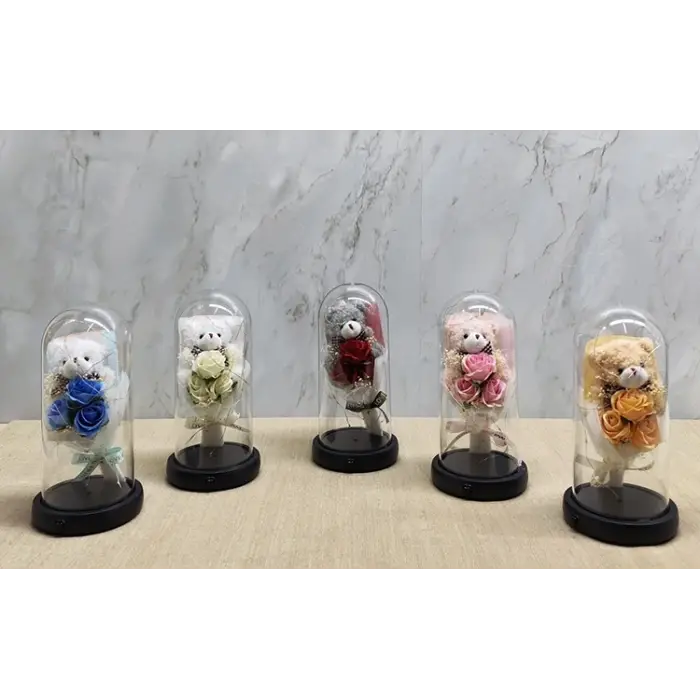 Işıklı Müzikli Fanus içinde Sevimli Ayıcıklı Gül Buketi