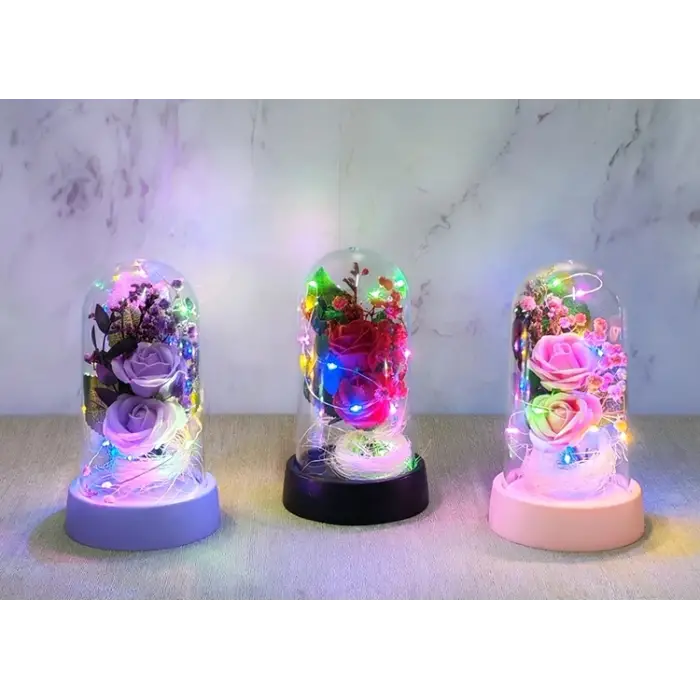 Işıklı Müzikli Romantik Fanus Tekli Gül