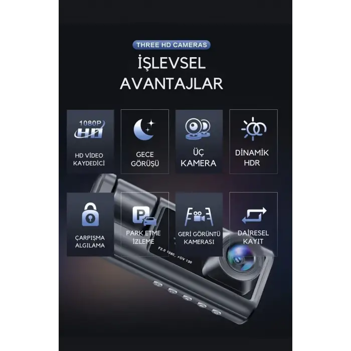 Siyah 1080p Araç içi 3 Kameralı Lcd Ekranlı Gece Görüşlü , G-sensör , Geri Görüş Kamera