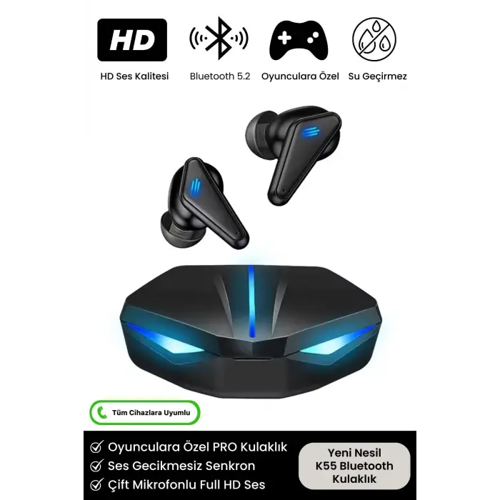 K55 Tws Pro Oyuncu Kulaklığı 3D Stereo Ses Extra Bass Işıklı Mikrofonlu Bluetooth Kablosuz Kulaklık