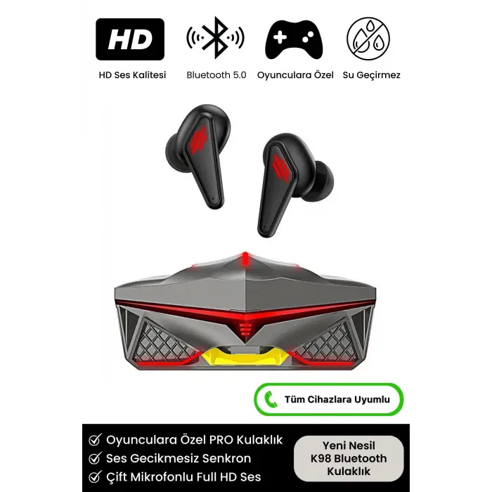 K98 Pro Oyuncu HD Ses Mikrofonlu Işıklı Metal Kasa iOS Android Uyumlu Bluetooth Kablosuz Kulaklık