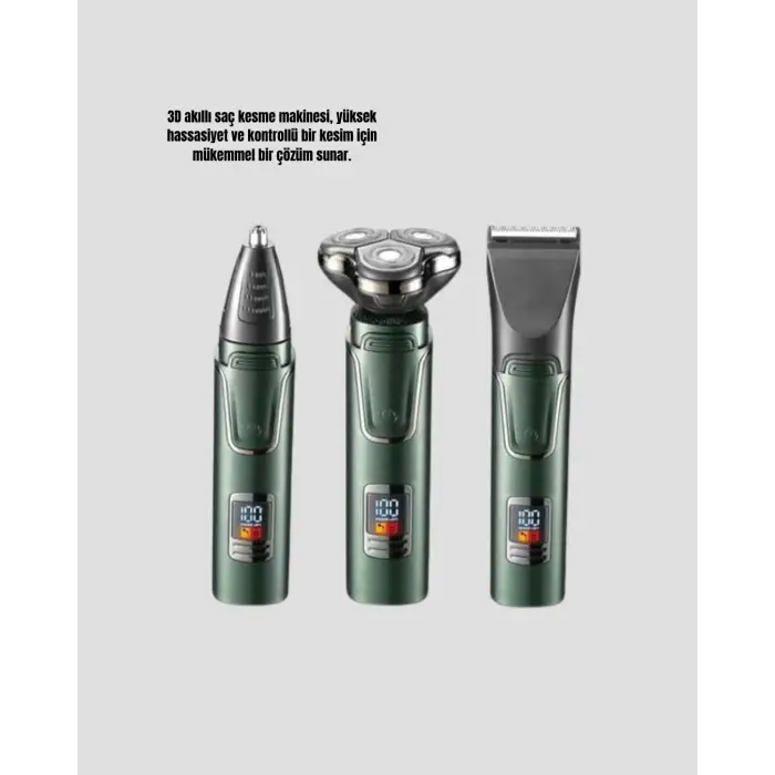 Kablosuz Profesyonel Erkek Bakım Seti – 3 Başlıklı, 3D Akıllı Kesim, Taşınabilir