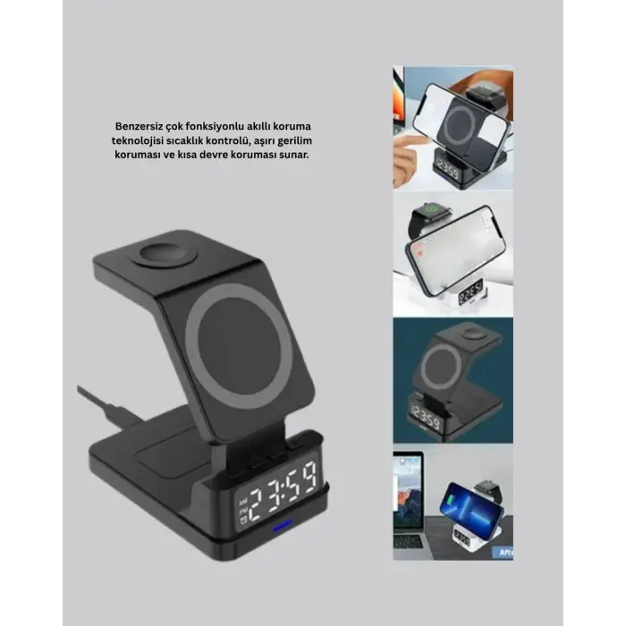 Kablosuz Şarjlı Dijital Masa Saati – 3 Parlaklık Seviyeli LED, Hızlı Şarj, Apple Uyumlu