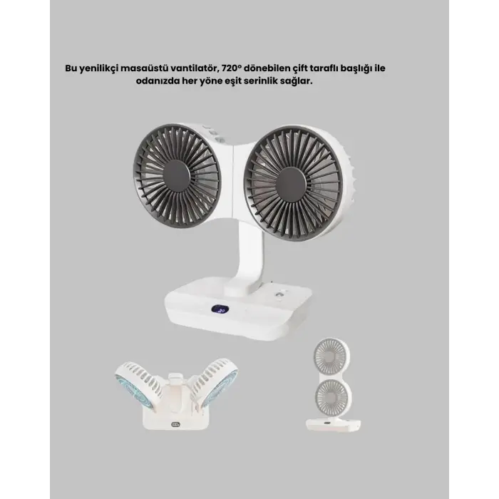 Kablosuz USB Şarjlı 720° Döner Masaüstü Fan – Çift Taraflı Serinlik ve Gece Lambası