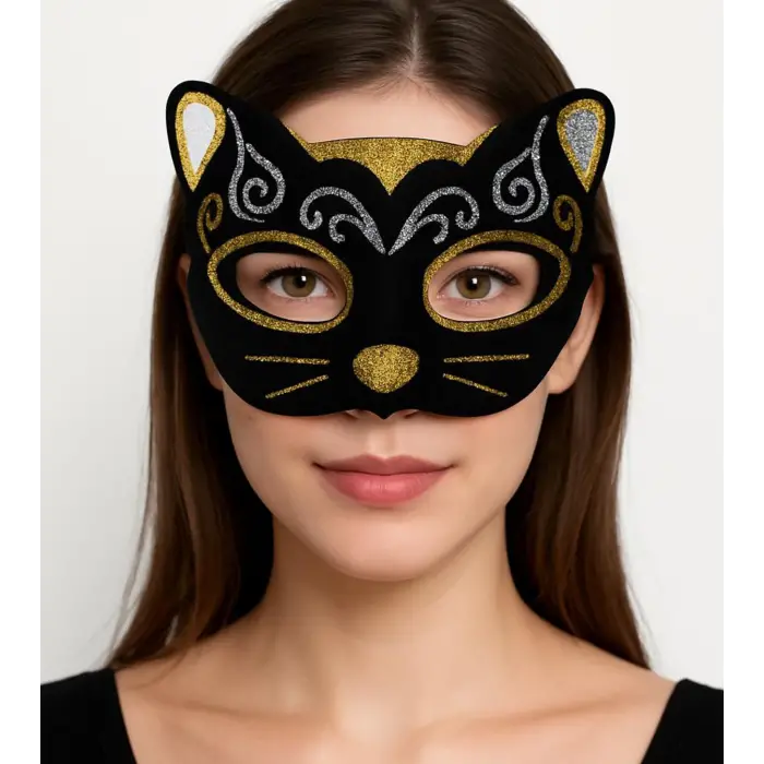 Kadife Dokulu Sim Detaylı Işıltılı Kedi Maskesi Altın Gümüş 20x13 cm