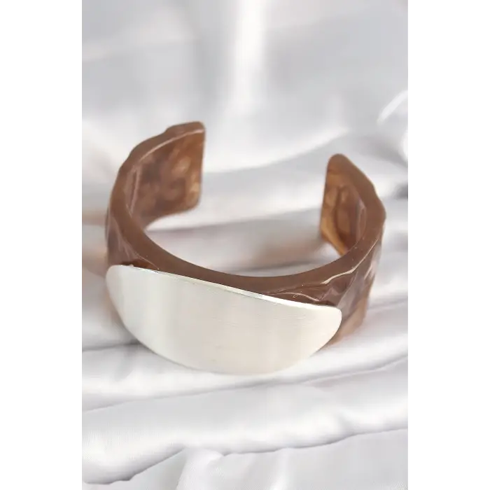 Kahverengi Mermer Desen Akrilik Plastik Gümüş Oval Plaka Model Vintage Kadın Bilezik