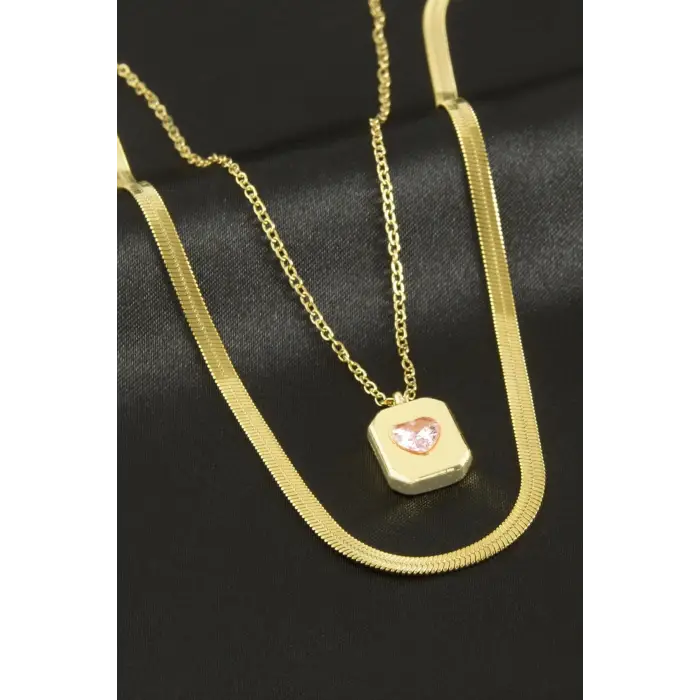 Kalp Kare İkili Çelik Kolye