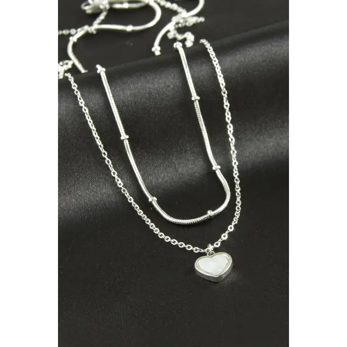 Kalp Sedef Lüks Çelik İkili Kolye