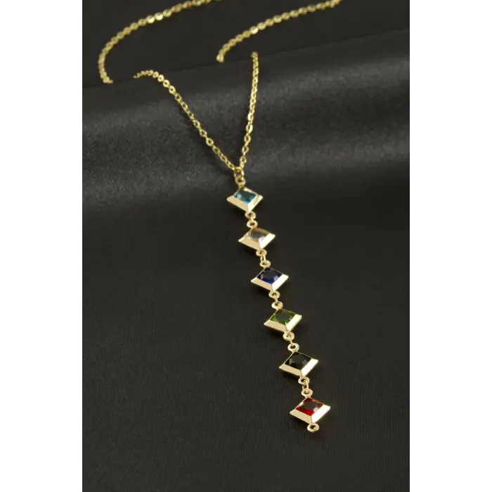 Kare Kristal Taşlı Çelik Kolye