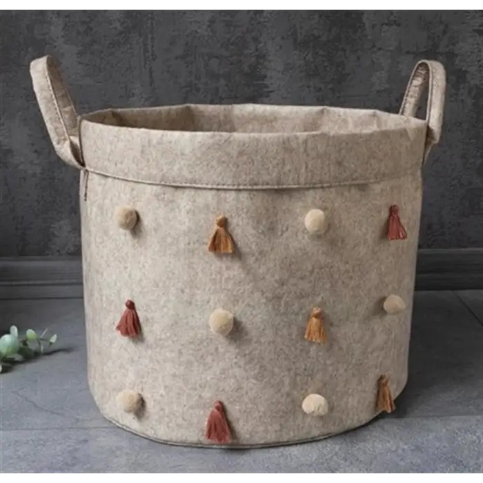 Katlanabilir Çok Amaçlı Ponponlu Yuvarlak Düzenleyici Saklama Kutusu Organizer Keçe Set