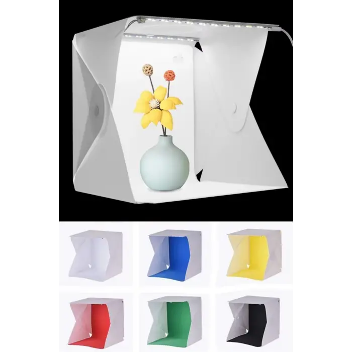 Katlanır Işıklı Fotoğraf Stüdyosu 40x40 Cm 6 Renk Fonlu Ürün Çekimi İçin Uygun Fotoğraf Çekim Kutusu