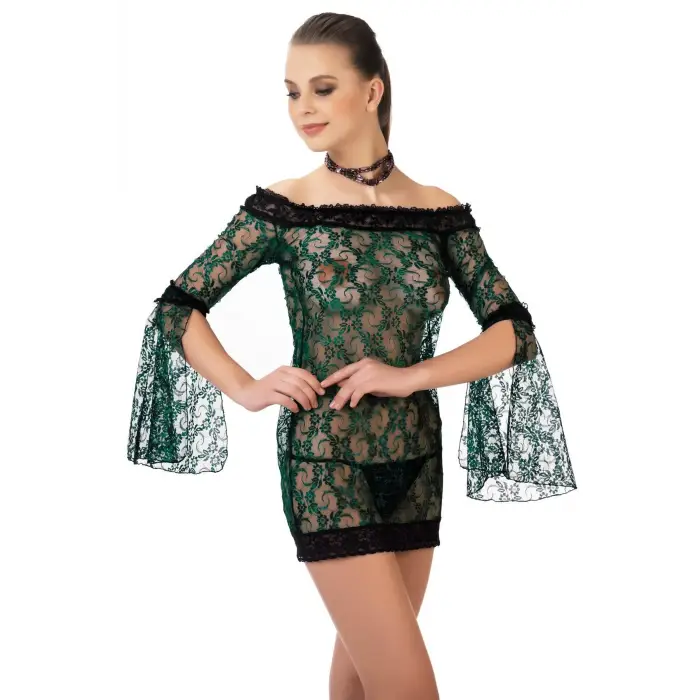 Kayıkcı Yaka Uzun Kol Yeşil Renk Kadın Fantezi Gecelık