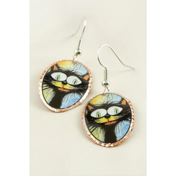 Kedi Desenli Oval Bakır Küpe