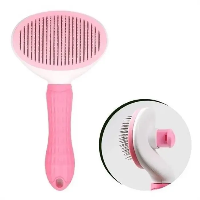 Kedi Köpek Tüy Toplayıcı Kendini Temizleyebilen Ergonomik Saplı Evcil Hayvan Tarağı Pembe