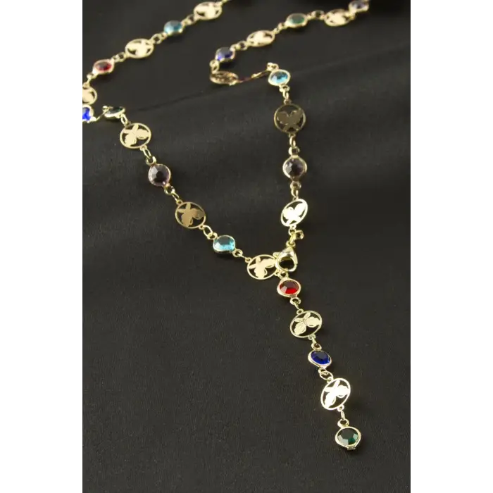 Kelebek Taşlı Çelik Y Kolye