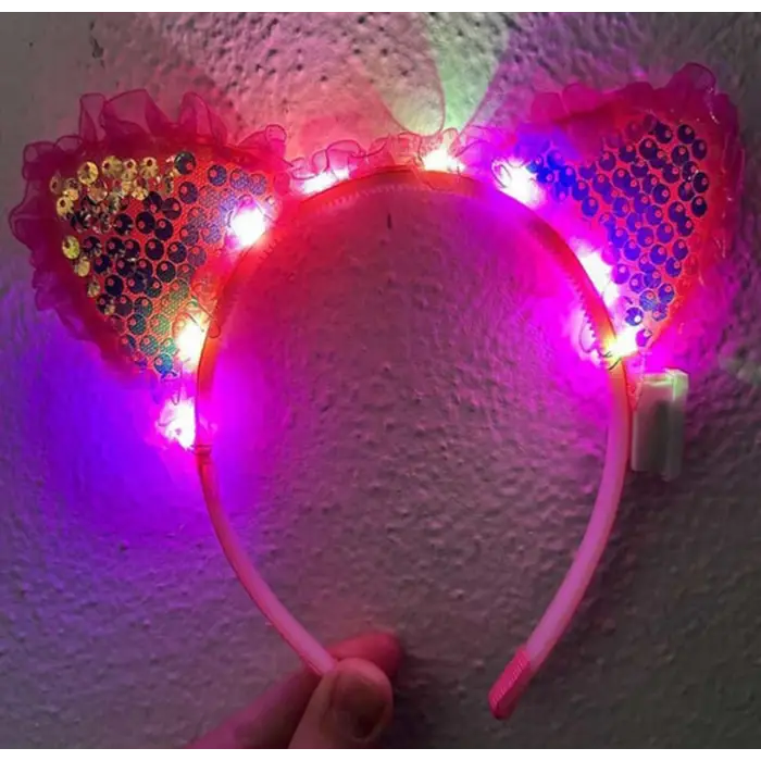 Kenarları Dantelli Fuşya Pullu Payetli Led Işıklı Kedi Kulak Taç 17x19 cm