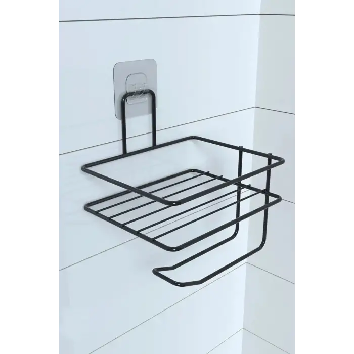 Kendiliğinden Yapışkanlı Tuvalet Kağıdı Tutacağı Ve Yedek Raf - Siyah Modern Metal Tasarım