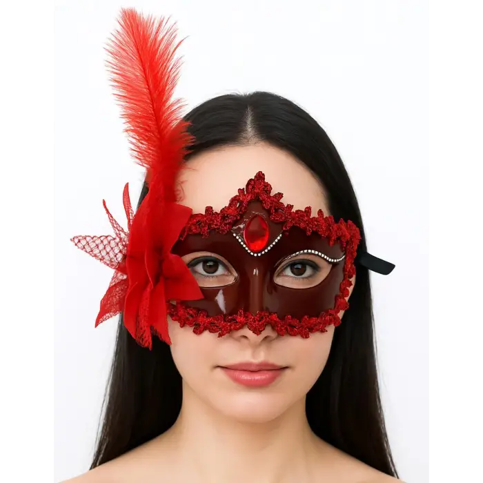 Kırmızı Mat Renk Yandan Tüylü Güllü Parti Balo Venedik Maskesi 16x22