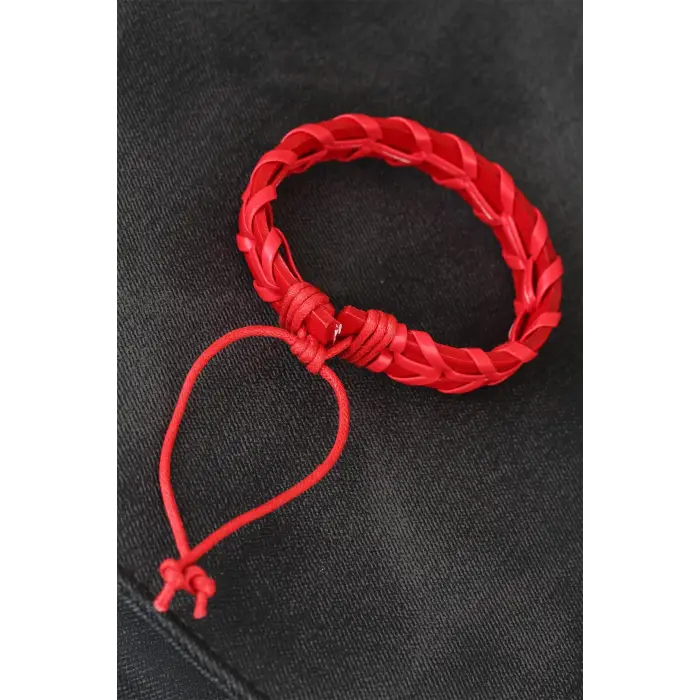 Kırmızı Örgü Deri Erkek Bileklik