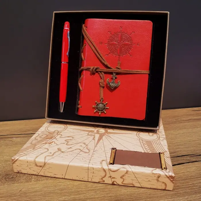 Kırmızı Pusula Tasarım Deri Defter Ve Touchpen Kalem Seti