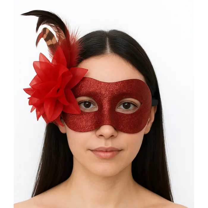 Kırmızı Renk Metalize Sim Görünümlü Parlak Tüylü Parti Maskesi 22x19 cm