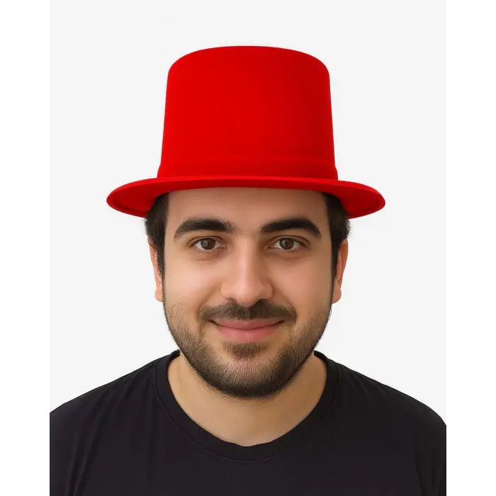 Kırmızı Renk Plastik Nubuk Kadife Flok Kaplama Fötr Şapka 11 cm