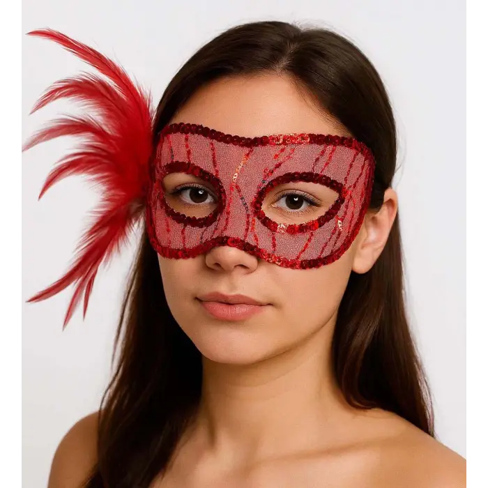 Kırmızı Renk Yandan Tüylü Pul Payet İşlemeli Parti Maskesi 23x12 cm