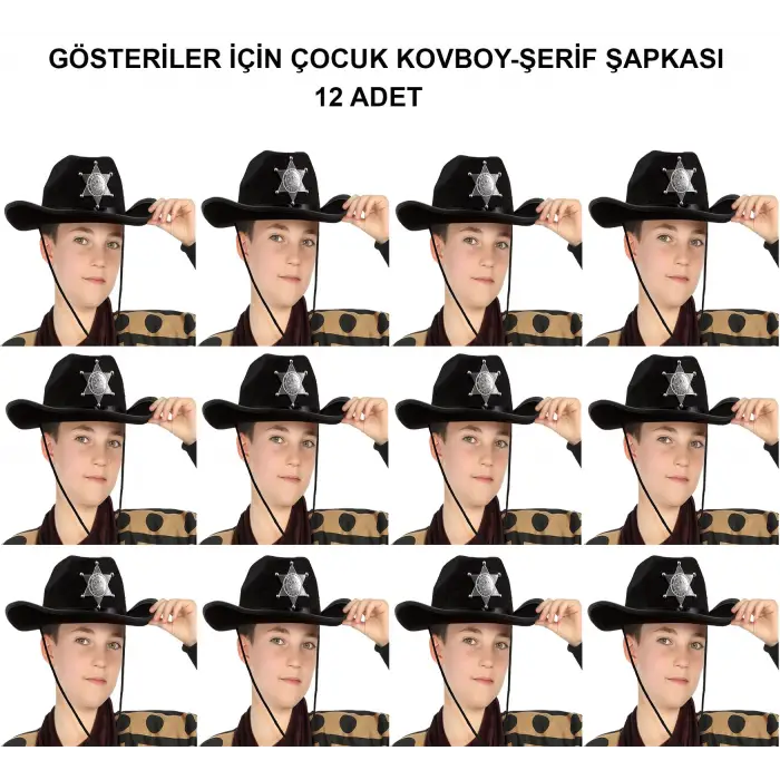 Kovboy Şerif Şapkası Siyah 12 Adet - Kostüm, Parti ve Gösteri Şapkası
