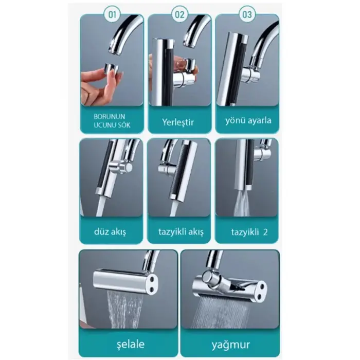 Krom Tasarruflu Şelale Musluk Başlığı 4 Modlu, Ayarlanabilir, Su Tasarrufu Sağlayan Pratik Başlık
