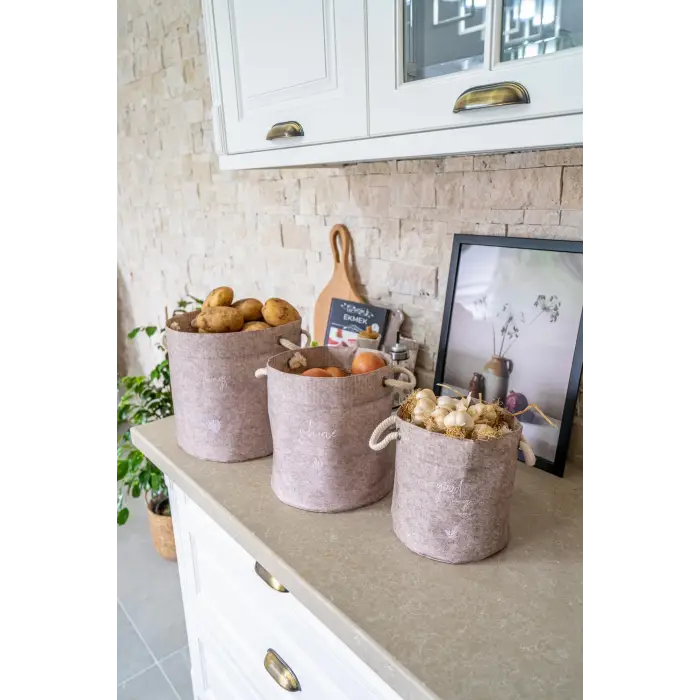 Kulplu Yuvarlak Düzenleyici Çok Amaçlı Kolay Taşınabilen Organizer Keçe Sepet (3lü Set)