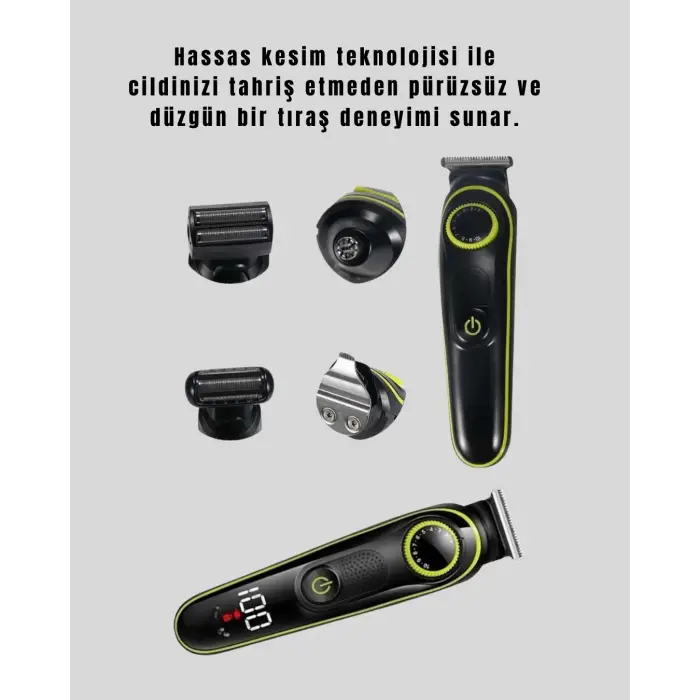 LED Ekranlı Şarjlı Saç ve Sakal Kesme Makinesi Erkek Bakım Cihazı Çok Başlıklı Set