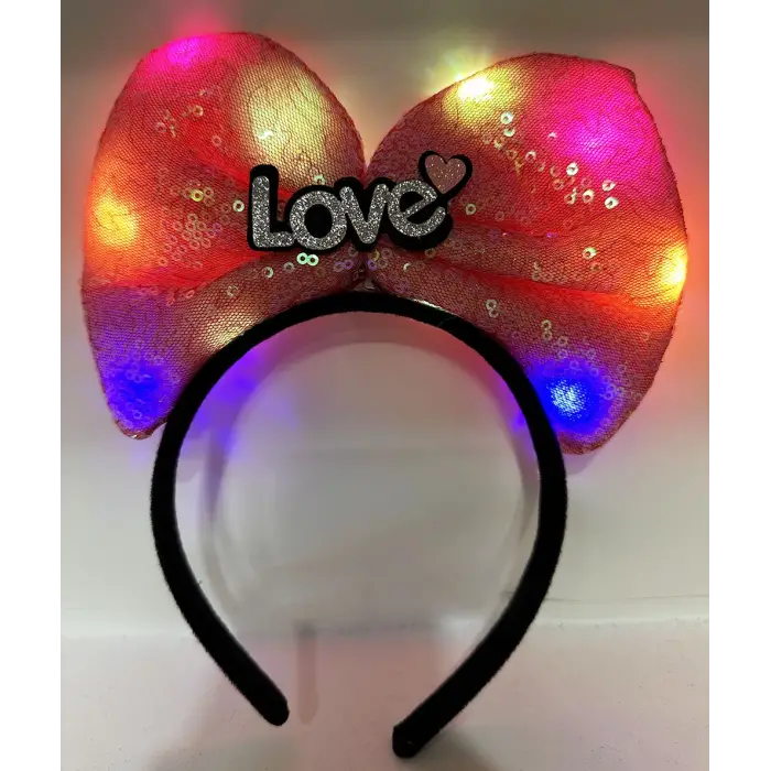 Led Işıklı 3 Farklı Fonksiyonda Yanan Gümüş Love Yazılı Fuşya Pembe Fiyonk Taç 20X17 cm