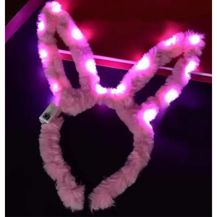 Led Işıklı Peluş Pofuduk Tavşan Kulak Tavşan Taç Pembe 17X23 cm