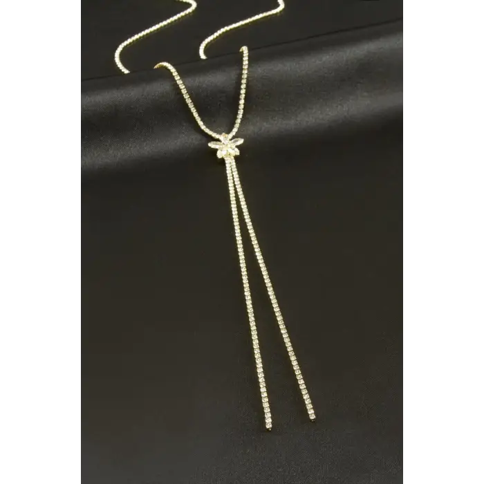 Lotus Şerit Taşlı Çelik Y Kolye