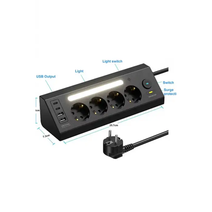 Lp764 Çoklu Gece Lambalı Priz Yüksek Gerilim Korumalı 4’lü Priz 2xusb 2xtype-c Çıkışlı Grup Priz Çoğaltıcı