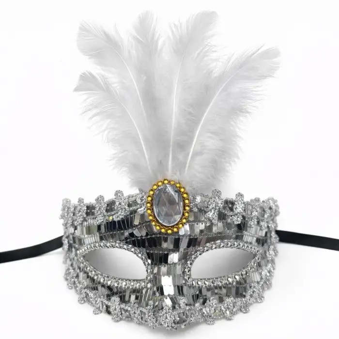 Lüks Gümüş Tüylü Taşlı Balo Maskesi