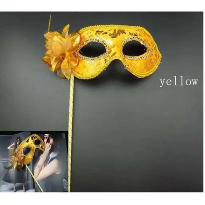 Lüks Taşlı Saplı Maskeli Balo Maskesi Altın Renk 35 cm