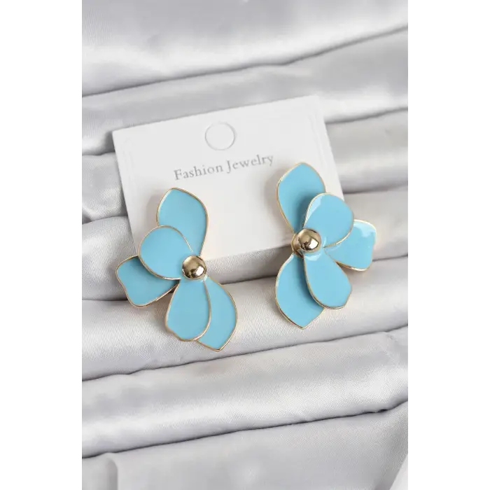 Mavi Mineli Lotus Model Pirinç Kadın Küpe