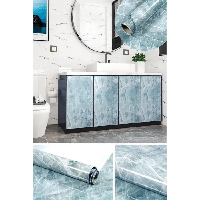 Mermer Desenli Masa Tezgah Mutfak Su Geçirmez Yapışkanlı Folyo Sticker Mavi 5x0,6m