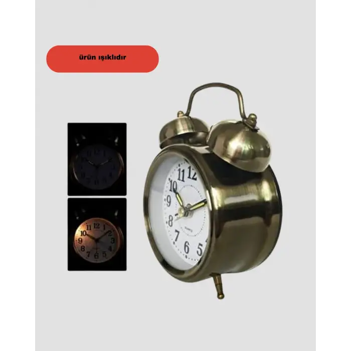 Metal Bronz Nostaljik Masa Saati Alarmlı Büyük Boy Sessiz Mekanizmalı
