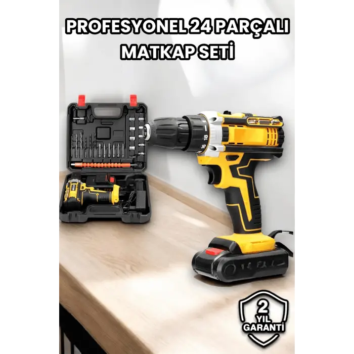 Metal Dişli 24W Akülü Matkap -Çift Bataryalı ve LED Çalışma Işığı ile Tam Set