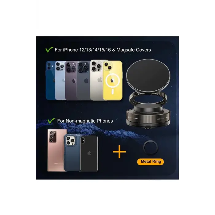 Metalik Magsafe Telefon Tutucu Tüm Yüzeylerle Uyumlu Vakumlu 360 Dönen Oynar Başlık