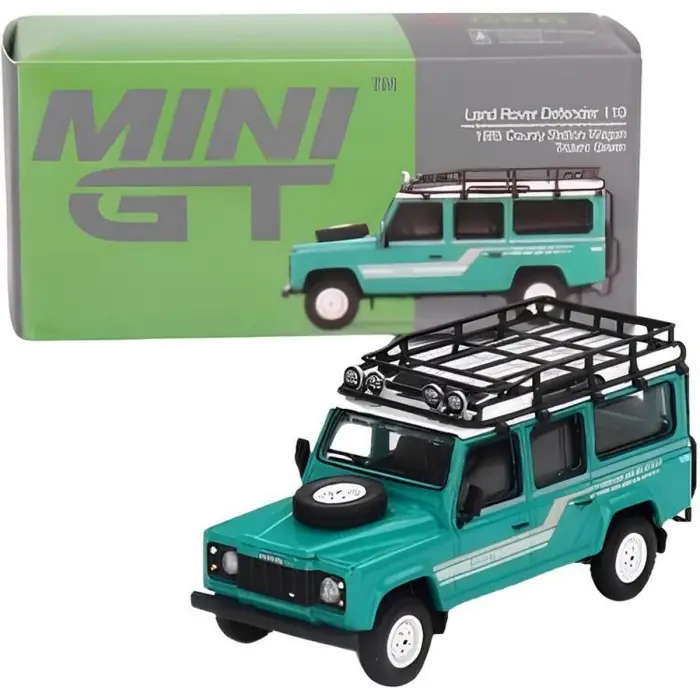 Mini GT 1-64 Land Rover Defender 110 1985 County Station Wagon Trident Green
