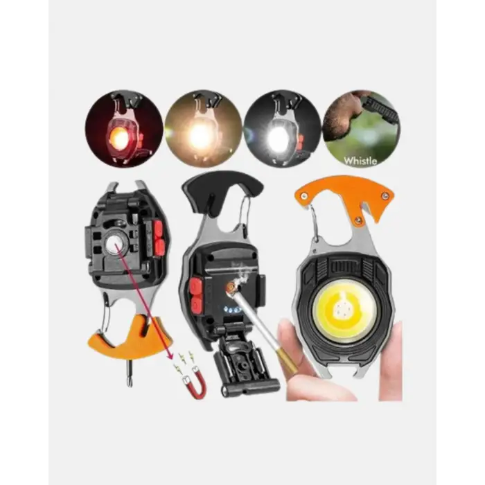 Mini LED Anahtarlık Fener – Şişe Açacağı, Tornavida, Düdük ve USB Şarj Özellikli