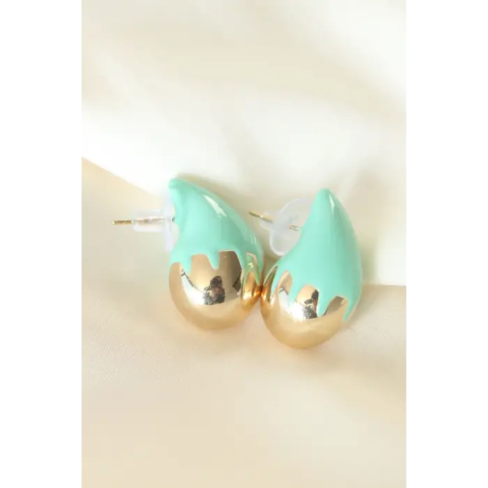 Minimal Turkuaz Mineli Çift Renk Damla Küpe