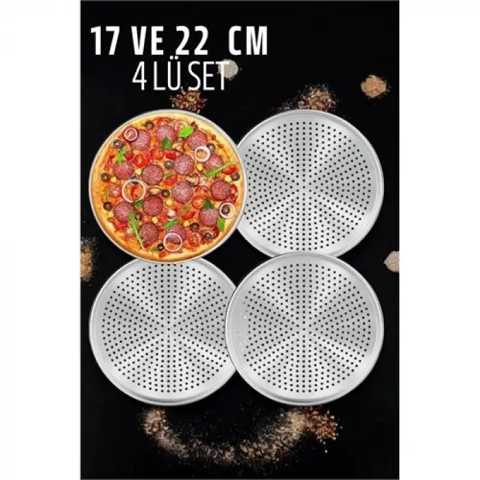 Delikli Pizza Lahmacun Tepsisi Çelik 17 ve 22 CM 4 lü SET
