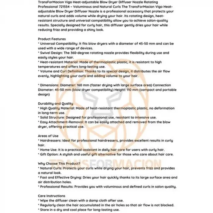 Isı Ayarlamalı Fön Için Difüzör Vigo Başlık Dönerli Profesyonel