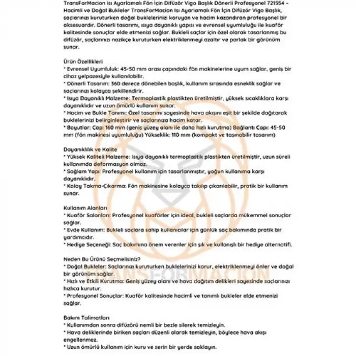 Isı Ayarlamalı Fön Için Difüzör Vigo Başlık Dönerli Profesyonel